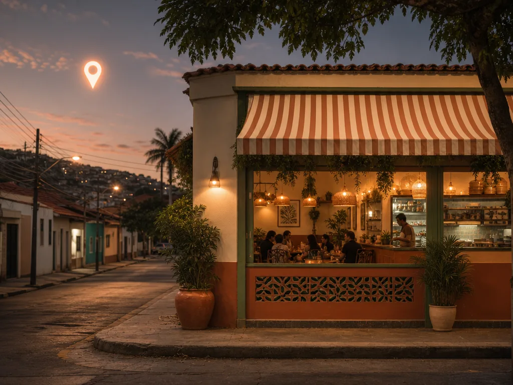 Fachada de restaurante com toldo listrado, vista de longe, ao anoitecer