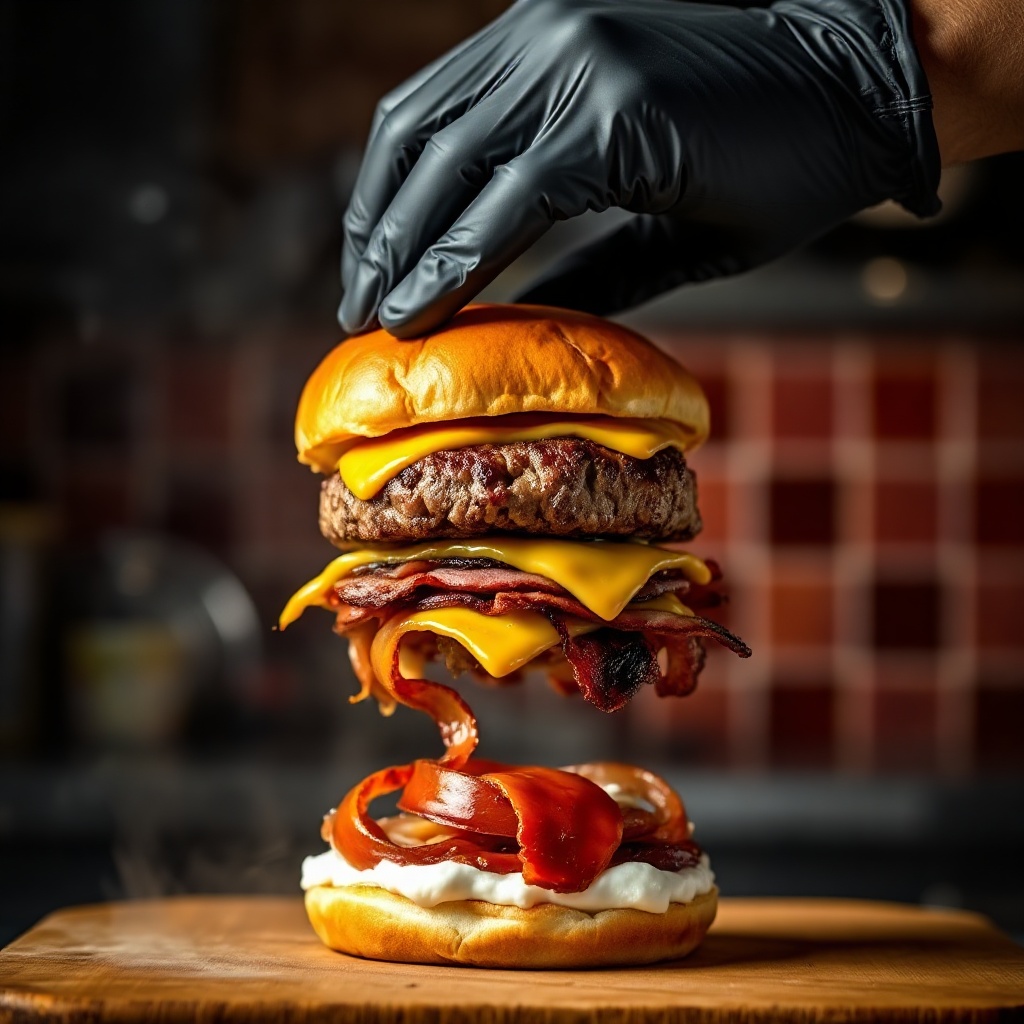 Hands in black nitrile gloves stacking a burger mid-assembly: a seared