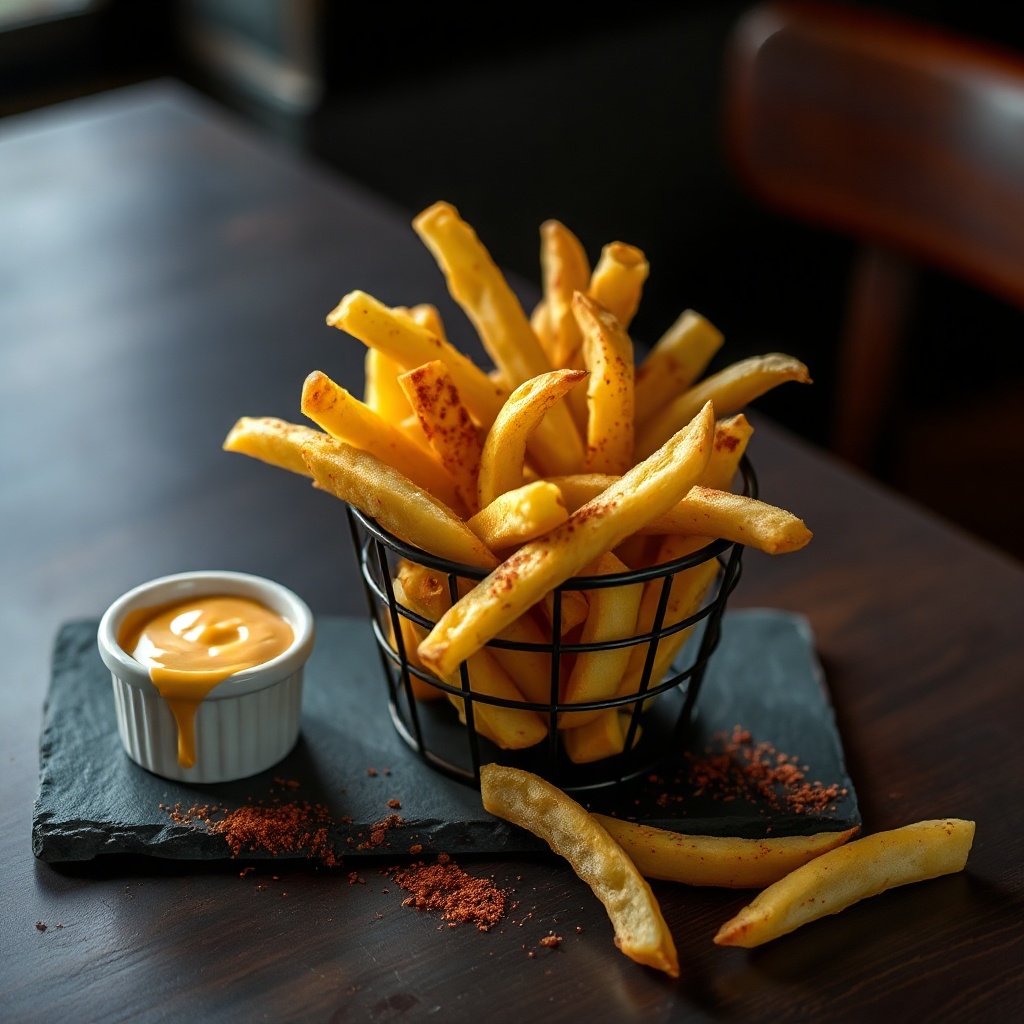 Crispy golden fries in a black metal serving basket dusted with smoked