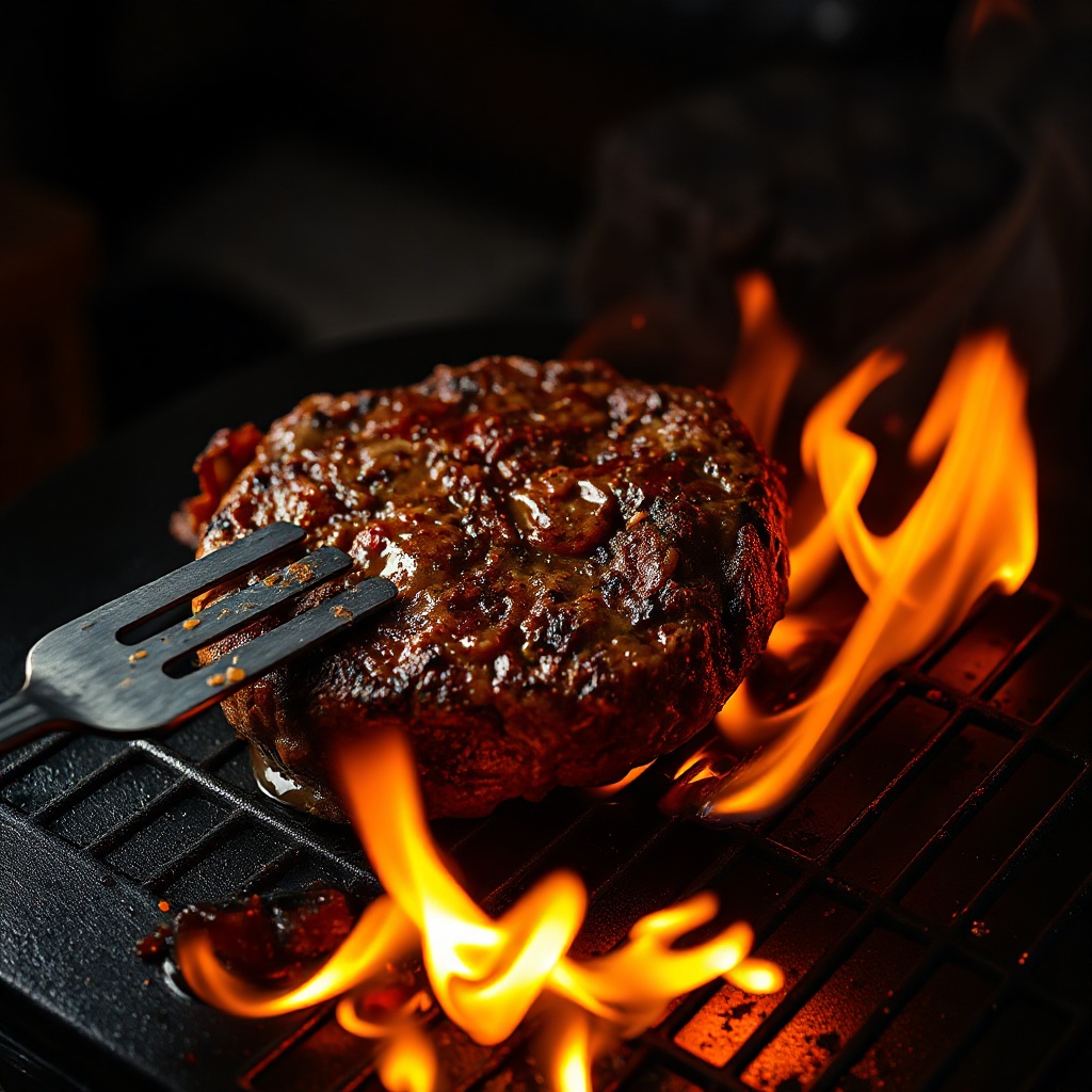Overhead of a beef smash patty being pressed onto a blazing flat-top chapa