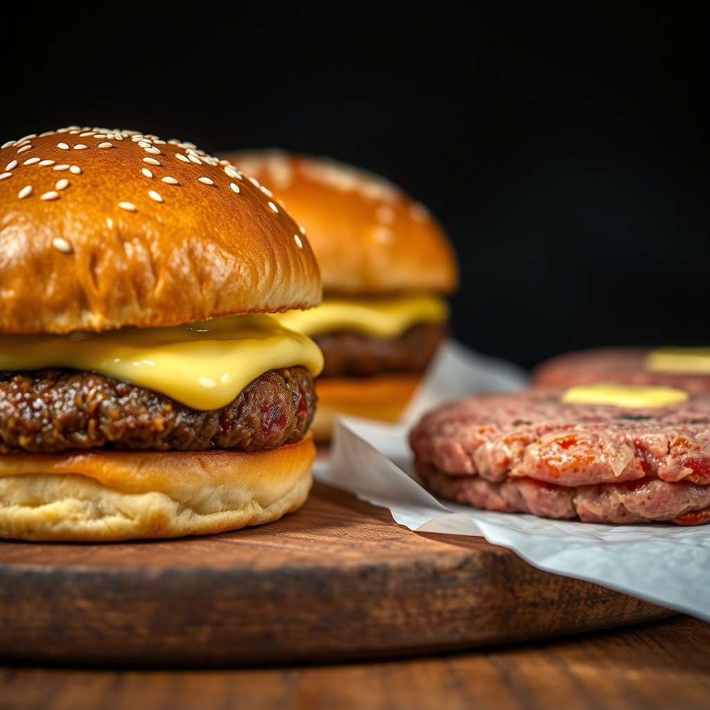 Macro of fresh brioche burger buns brushed with melted butter on a worn
