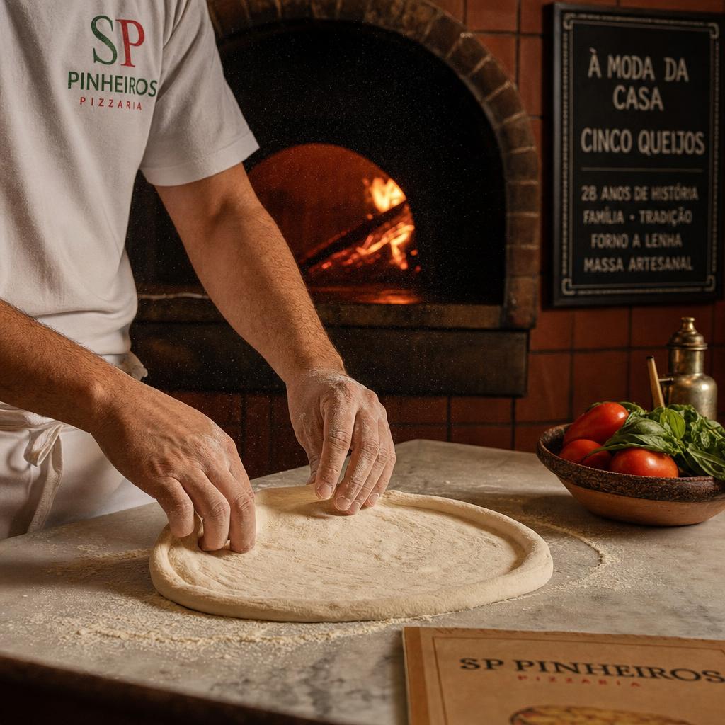 Pizzaiolo hands mid-stretch on a flour-dusted marble bench, fingertips