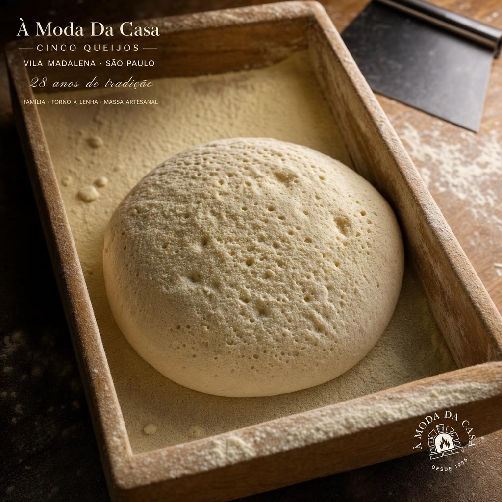 Overhead macro of a 48-hour cold-fermented pizza dough ball resting in
