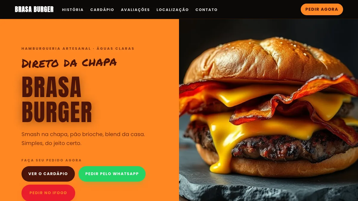 Site da Brasa Burger no computador e no celular, com cardápio de hambúrgueres e botão de pedido pelo WhatsApp