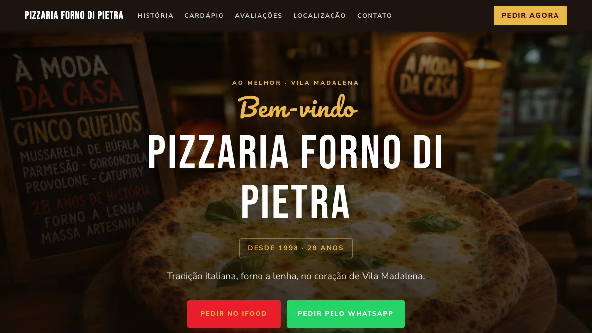 Site da Pizzaria Forno di Pietra no computador e no celular, com cardápio e botão de pedido pelo WhatsApp